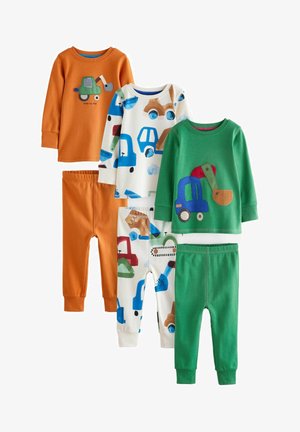 Neljateine laste pijama komplekt: oranž pikkade varrukatega trikoo traktorimustriga, valge topp sõidukite prindiga, roheline topp kaevekuga, sobivad püksid.
