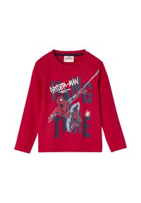 Red long-sleeve t-shirt made of cotton featuring a graphic print of Spider-Man swinging and the text "HANG TIME" in bold.