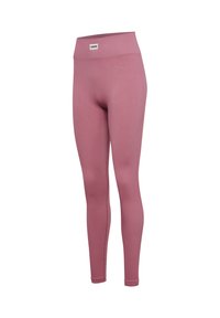 High-waisted ribbed pink leggings with a small white rectangular logo patch centered on the waistband.