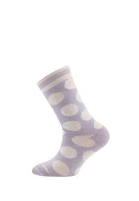 Lavender socks with large cream polka dots, ribbed cuff, and smooth texture, designed for comfort and warmth.