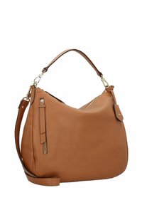 Borsa in pelle color cuoio con superficieTexturizzata, manico superiore singolo, tracolla regolabile e tasca frontale con zip e hardware color oro.