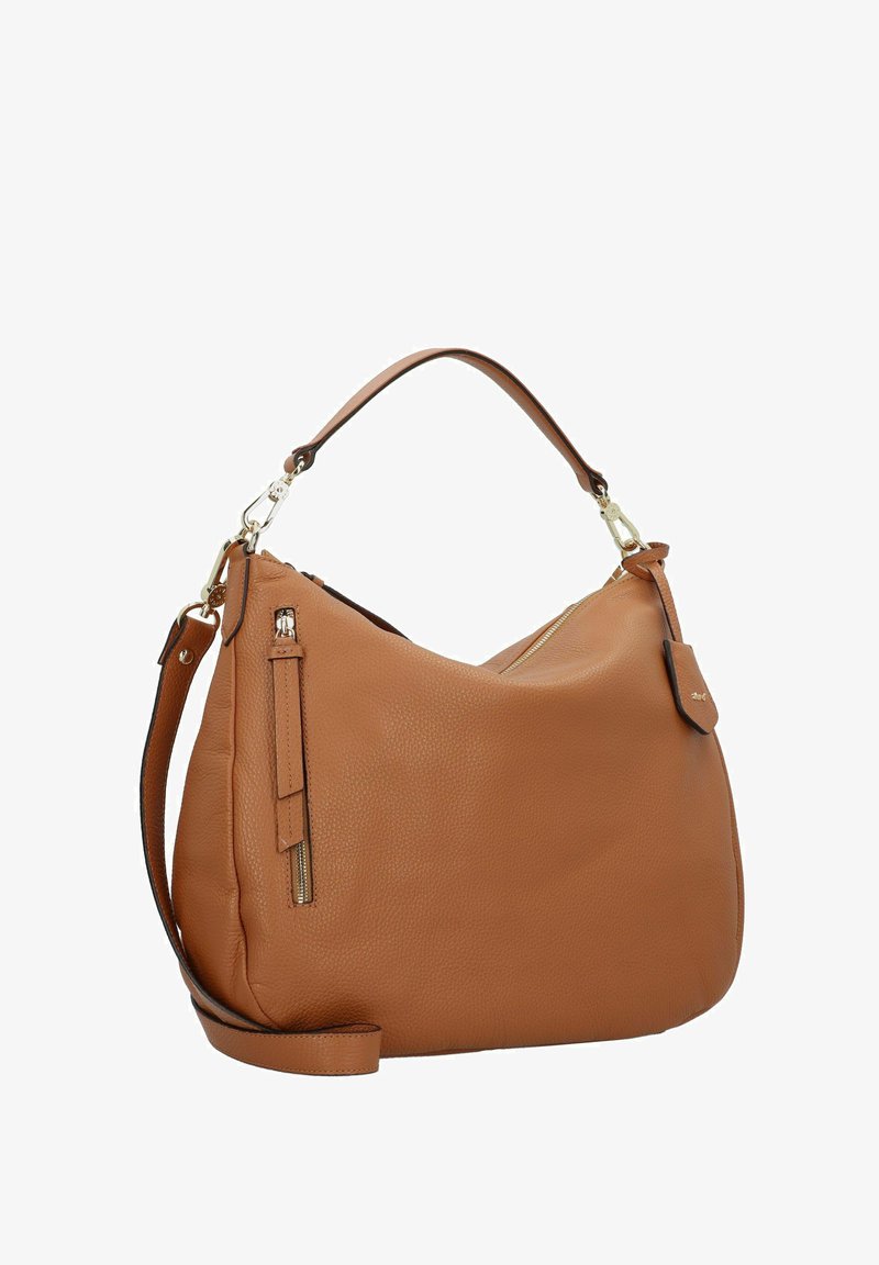 Borsa in pelle color cuoio con superficieTexturizzata, manico superiore singolo, tracolla regolabile e tasca frontale con zip e hardware color oro.