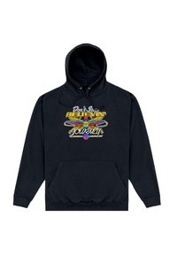 Felpa nera con cappuccio, con una grafica gialla e rossa raffigurante ali, frecce e un globo, che presenta il testo "Don't Stop Believin' Journey" sul davanti.
