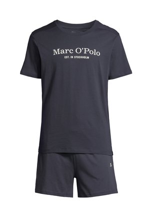 Navy cotton loungewear set with a crew neck t-shirt featuring white "Marc O'Polo" text and matching shorts with a small logo accent.