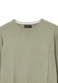 Olivgrüner Pullover mit Rundhalsausschnitt, geripptem Kragen und glatter Textur. Besitzt ein dezentes Logotag im Inneren des Kragens.