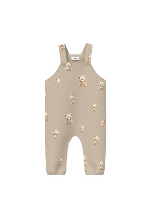 Barboteuse beige pour bébé avec bretelles ajustables imprimée de petits oursons ludiques et de minuscules étoiles blanches.