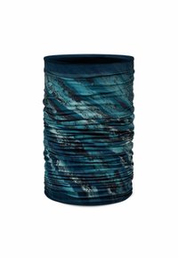 Gaiter multifuncional en azul y negro con un patrón ondulado, hecho de tela elástica y transpirable, con textura recogida y detalle de logo.