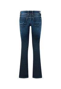 Mørkeblå utsvungne jeans laget av denim med en jevn tekstur, med to baklommer og lette sømdetaljer.