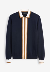 Granatowy sweter na zamek z białą i brązową paską na środku, z kontrastującym białym i brązowym ściągaczem przy kołnierzu i mankietach.