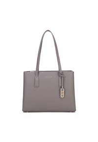 Sac fourre-tout synthétique gris avec deux poignées, une fermeture éclair et un accent porte-clés décoratif. Fini texturé et détail discret du logo de la marque.