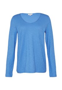 T-shirt bleu à manches longues avec un col en V, fabriqué à partir d'un tissu texturé avec un aspect légèrement transparent et une coupe décontractée.