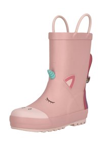 Botte de pluie en caoutchouc rose avec un motif de licorne, dotée d'une semelle texturée, d'un accent de corne surélevé et d'un bout plat avec des détails d'yeux.