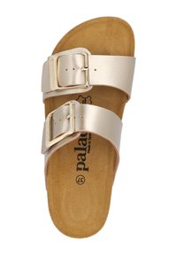 Goldene metallische Sandalen mit zwei verstellbaren Riemen, ausgestattet mit einem strukturierten Korkfußbett und einer glatten Oberfläche. Logo auf der Innensohle gedruckt.