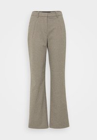 Spodnie typu dzwon w jasnobrązowy wzór w houndstooth, z gładką teksturą, przednimi zagięciami i standardowym paskiem z pętelkami.