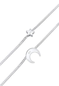 Silver chain necklace featuring a star and crescent moon pendant, both marked "925," highlighting a shiny metal finish and delicate links.