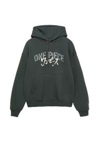 Sötétzöld kapucnis pulóver, elöl kenguruzsebbels és fehér grafikus felirattal "ONE PIECE". Laza szabású, bordás mandzsettával és szegéllyel.