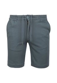 Grijze katoenen shorts met een elastische tailleband, verstelbaar trekkoord, knoop- en ritssluiting, en zijzakken. Soepele textuur met een aansluitend ontwerp.