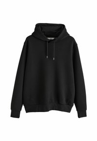 Felpa nera con cappuccio in tessuto strutturato, polsini e orlo a coste, dettagli con coulisse e vestibilità comoda. Nessun logo o motivo visibile.