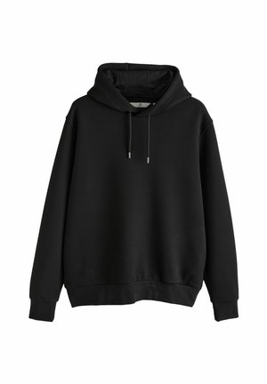 Felpa nera con cappuccio in tessuto strutturato, polsini e orlo a coste, dettagli con coulisse e vestibilità comoda. Nessun logo o motivo visibile.