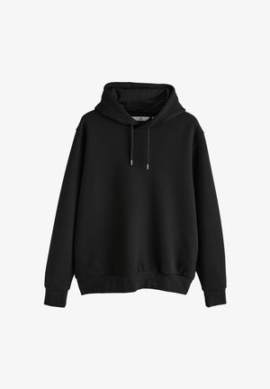 Schwarzer Kapuzenpullover aus strukturiertem Stoff, mit gerippten Bündchen und Saum, Kordelzugdetails und lockerem Sitz. Keine sichtbaren Logos oder Muster.