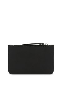Black leather wallet with a textured surface, smooth zipper closure, and minimalist rectangular shape, featuring rounded edges.