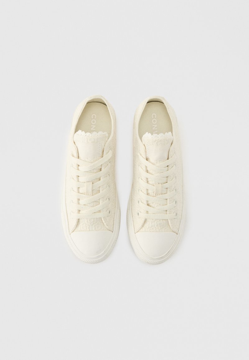 Coppia di sneakers in tela color avorio con motivo in pizzo, lacci, puntali in gomma e bordi smerlati, viste dall'alto su uno sfondo chiaro.