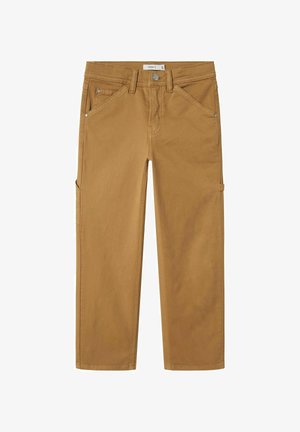 Barna vászon cargo nadrág, egyenes szárú fazonnal, elülső és oldalsó zsebekkel, valamint fém részletekkel.