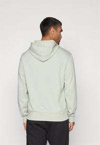 Light green hooded sweatshirt with ribbed cuffs and hem. Soft cotton blend material, plain design with a kangaroo pocket on the front.