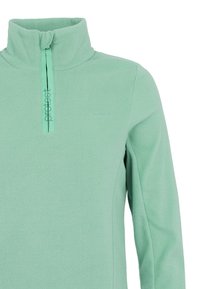 Pullover in pile di colore verde chiaro, con colletto a mezza zip e texture morbida. Presenta il logo "protest" sul fronte e sulla zip.