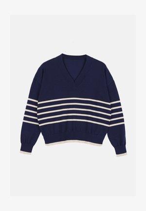 Maglione navy a scollo a V con strisce orizzontali color crema. Maniche a costine e orlo, texture morbida, vestibilità rilassata e dettagli di pattern distintivi.