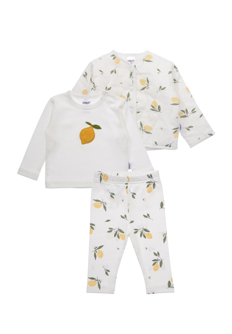 Dreiteiliges Kinderbekleidungsset: weißes Langarmoberteil mit Zitronenapplikation, cardigan mit Blumenmuster und passende Hose mit Zitronendesign.