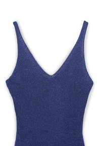 Abito a maglia blu profondo con scollo a V e sottili spalline. Il tessuto ha una finitura texturizzata con un leggero luccichio e dettagli a coste nel corpetto.