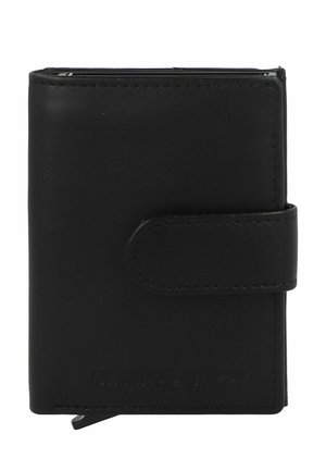 Black leather wallet with a smooth texture, rectangular shape, and a flap closure. Features stitched edges and embossed branding on the bottom.