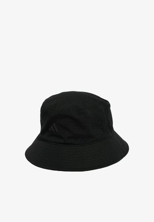 Zwarte bucket hat van gestructureerde stof. Beschikt over een brede rand, een subtiele logo-detail aan de zijkant en versterkte stiksels.