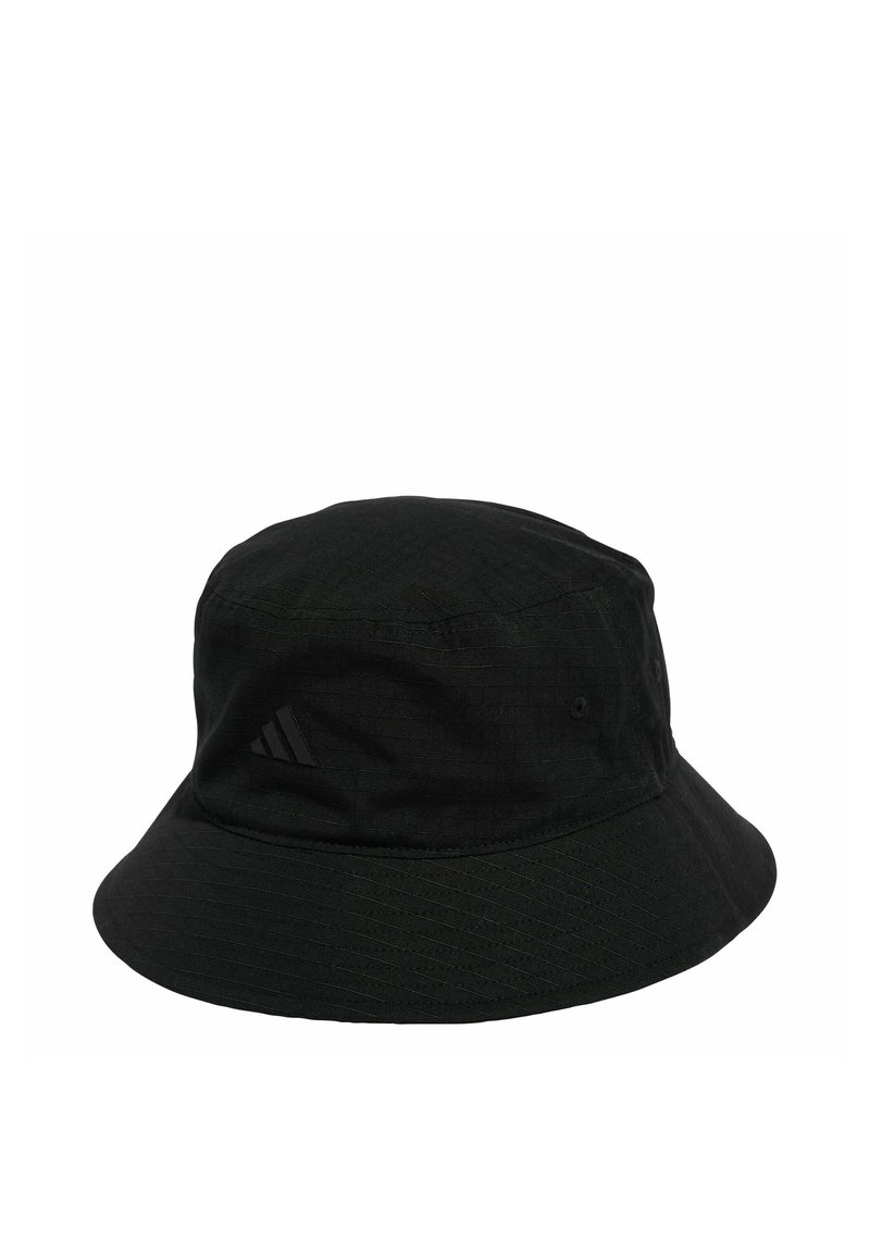Chapeau seau noir en tissu texturé. Doté d'une large bordure, d'un subtil logo sur le côté et de coutures renforcées.