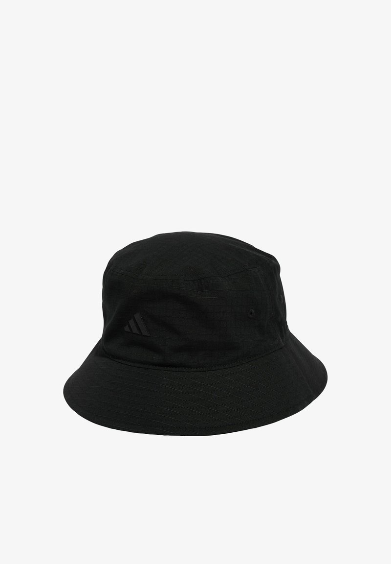 Chapeau seau noir en tissu texturé. Doté d'une large bordure, d'un subtil logo sur le côté et de coutures renforcées.