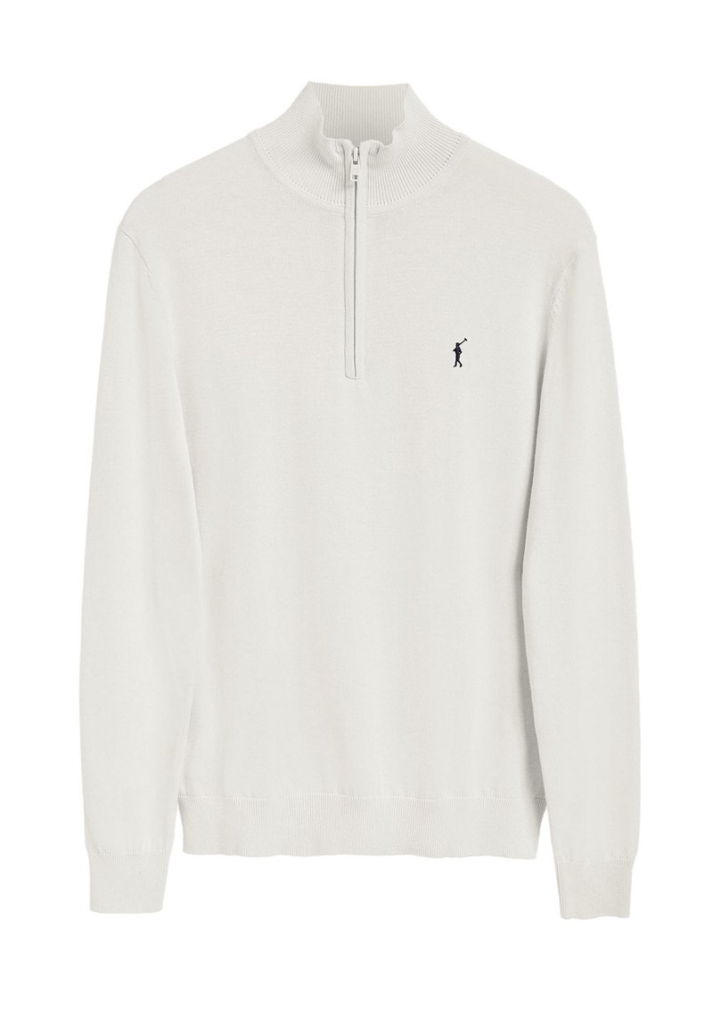 Suéter de punto en beige claro, presenta un cuello con cremallera a medio abrir, puños y dobladillo acanalados. Incluye un distintivo logo en navy de un golfista en el pecho.