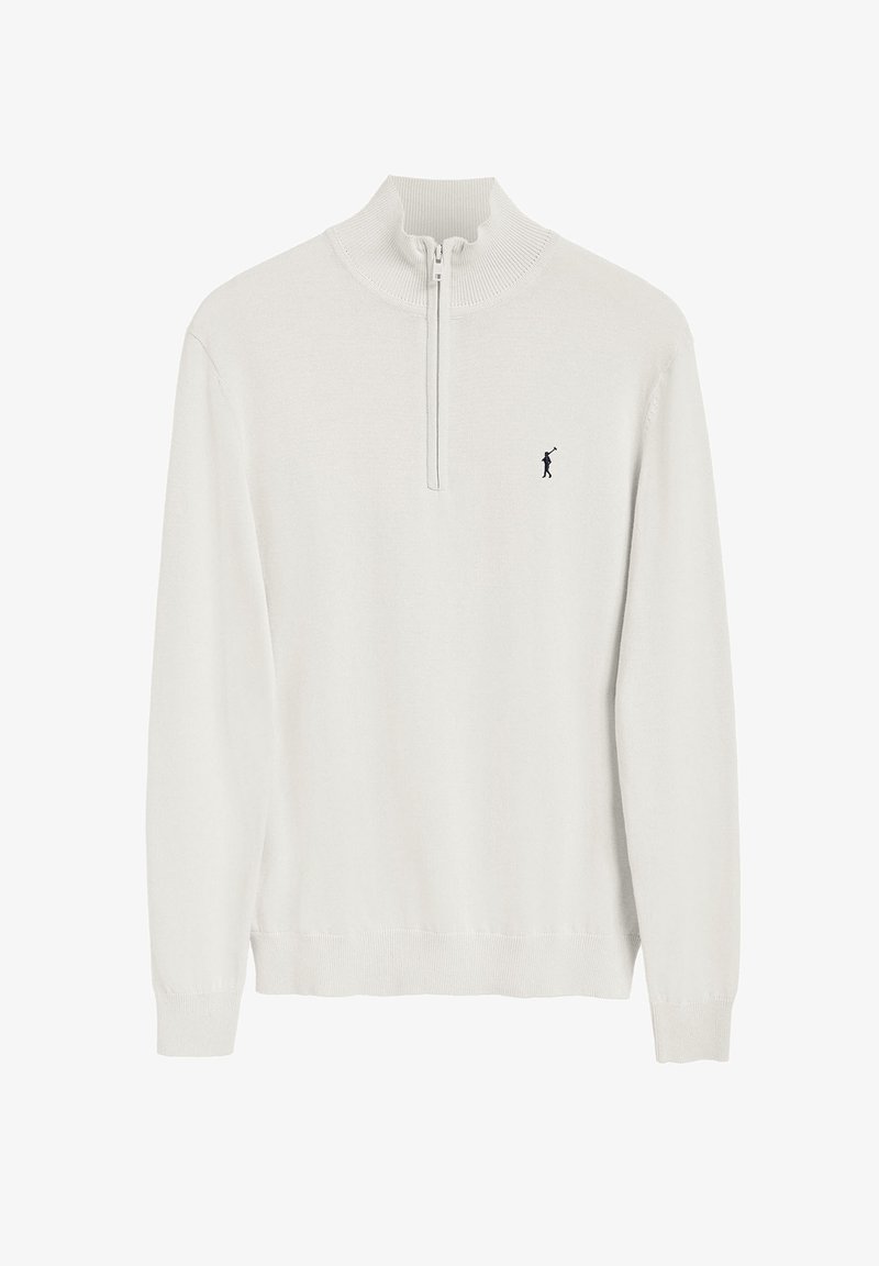 Pullover-Pullover in hellem Beige, mit einem halben Reißverschluss am Kragen, gerippten Bündchen und Saum. Enthält ein markantes navyfarbenes Logo eines Golfspielers auf der Brust.
