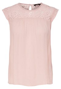 Blusa sin mangas de color rosa claro con un yugo de encaje, escote redondo con corte en forma de llave en la parte trasera y un tejido suave y fluido.