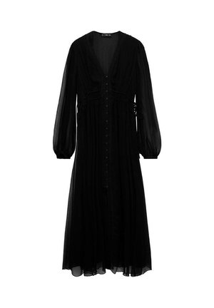 Robe maxi noire à manches longues avec col en V, boutonnée sur le devant, tissu transparent, taille froncée et manches légèrement bouffantes avec poignets élastiques.