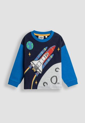 Children's long-sleeve shirt with blue sleeves, navy body, and rocket ship, Earth, stars, and moon graphic on front.