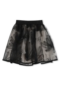 Μαύρη φούστα από τούλι με στρωματοποιημένο σχέδιο. Διακοσμημένη με λουλουδάτα μοτίβα και μαύρα παγιέτα. Λάστιχο μέσης με λεπτομέρεια λογότυπου.