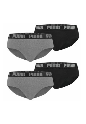 Viererpack kurze Unterhosen im Grauton und Schwarz aus Baumwollmischung, mit breitem schwarzen elastischen Bund mit "PUMA"-Logo. Glatte Textur.