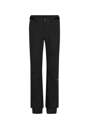 Pantaloni neri da esterno che presentano una vita standard con cintura, chiusura a pressione, polsini elastici e un logo sulla gamba inferiore. Tessuto leggero e resistente.