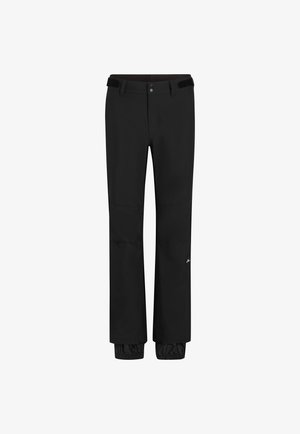 Black outdoor pants feature a standard waistband with a belt, snap closure, elastic cuffs, and a logo on the lower leg. Lightweight, durable fabric.