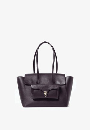 Borsa in pelle viola scuro con due lunghe cinghie, design strutturato, una tasca frontale con patta e dettaglio con chiusura metallica.