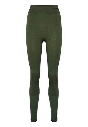 Gröna leggings med hög midja, som har ett texturerat mönster och kontrasterande paneler vid knäna för ökad design och komfort.