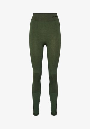 Gröna leggings med hög midja, som har ett texturerat mönster och kontrasterande paneler vid knäna för ökad design och komfort.