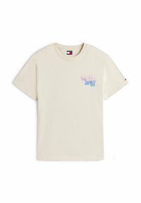 Cremefarvet bomulds-T-shirt med korte ærmer, rund hals og et grafisk print med teksten "TOMMY JEANS NEW YORK CITY" i pink og blå nuancer.