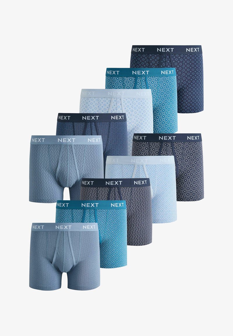 Dix paires de caleçons boxer pour hommes dans différentes nuances de bleu et motifs géométriques, chacun avec une ceinture portant la marque "NEXT".